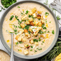 Creamy Cauliflower Soup with Chickpea Croutons