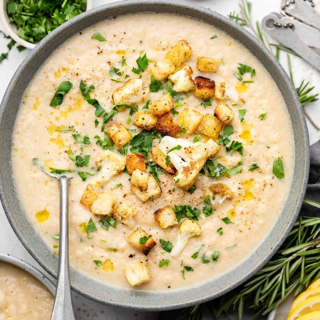 Creamy Cauliflower Soup with Chickpea Croutons